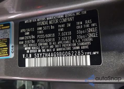 2011 Hyundai Santa Fe Se from USA, damaged, VIN 5XYZH4AG9BG062285